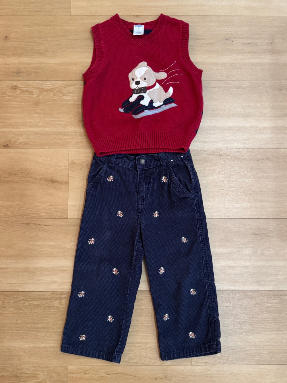 Gymboree Red Knit Dog Vest with Navy Embroidered Jeans | 2T
